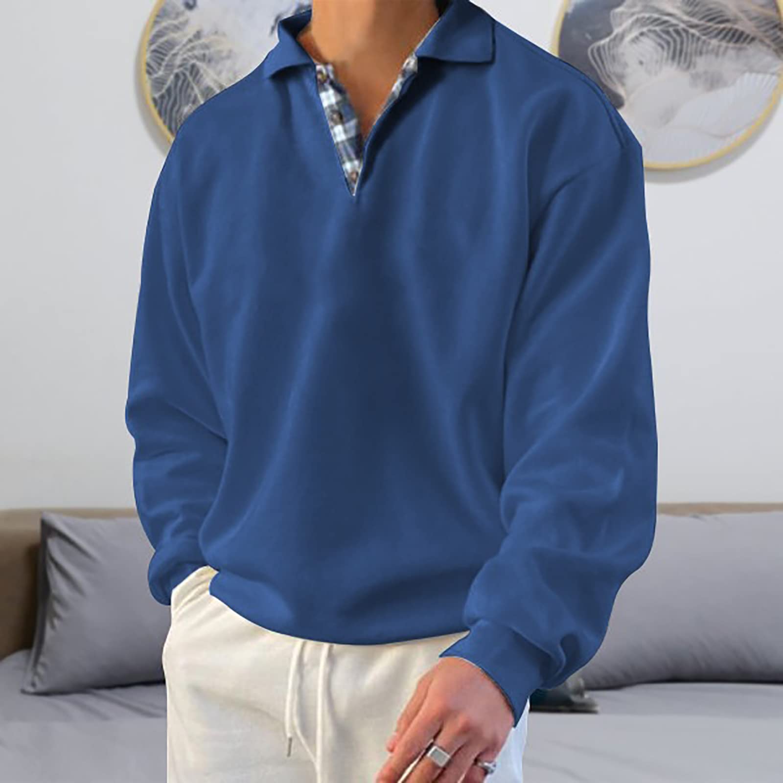 Opomelo Men's Long Sleeve Pullover Polo Shirts-Casual Loose Fit Sweatshirts V Neck Tops - Image 3
